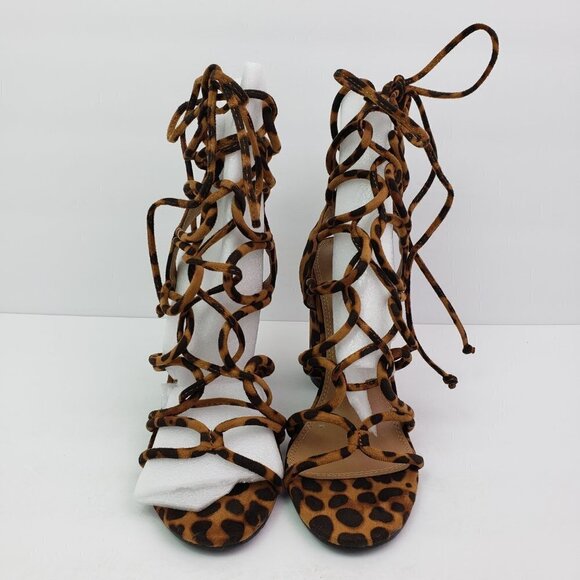 Shoe Land Kyler Womens Size 6.5 Brown Leopard Open Toe Ankle Tie Party 4" Heels - Picture 5 of 14